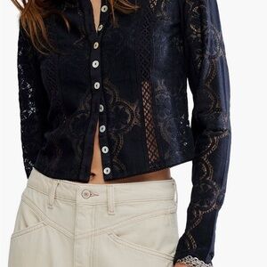 Elegant Black Lace Button-Up Top